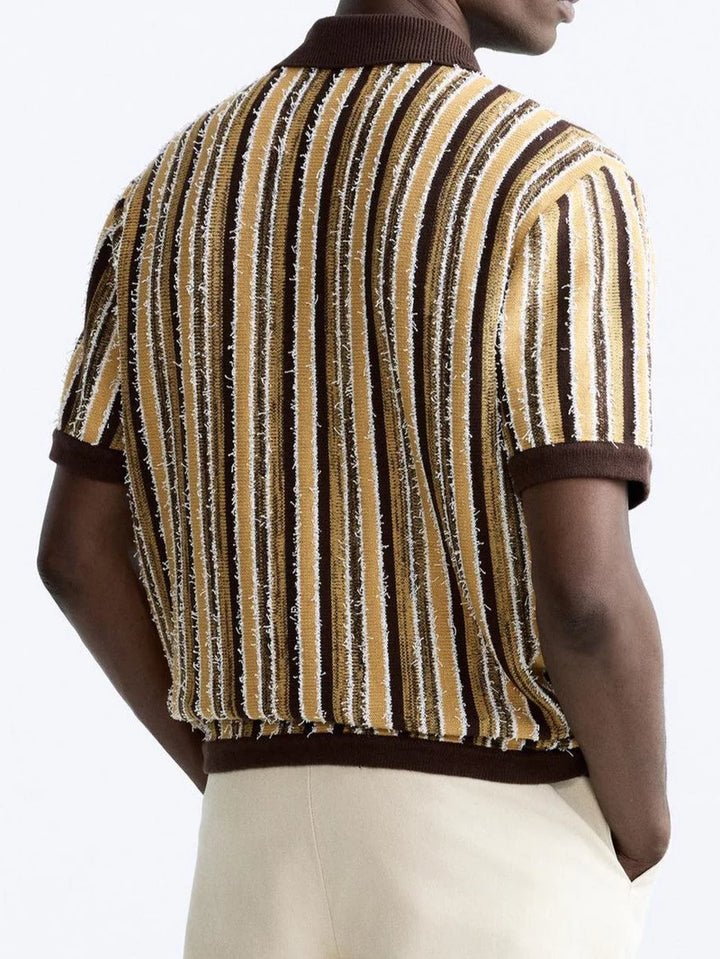 POLO MASCULINO RETRO DE MALHA ÀS RISCAS - CAMISA CASUAL DE VERÃO