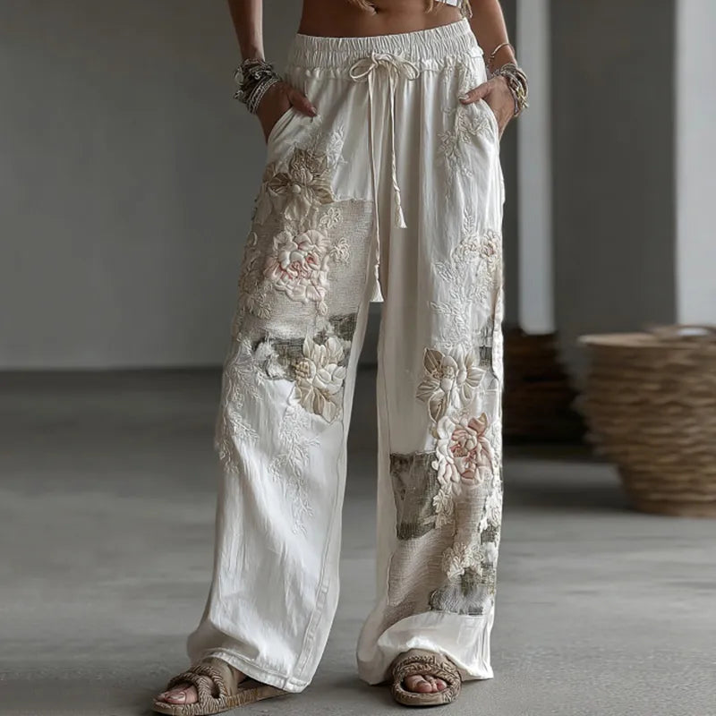 PANTALONES CASUALES DE LINO RETRO CON PATCHWORK FLORAL PARA MUJER