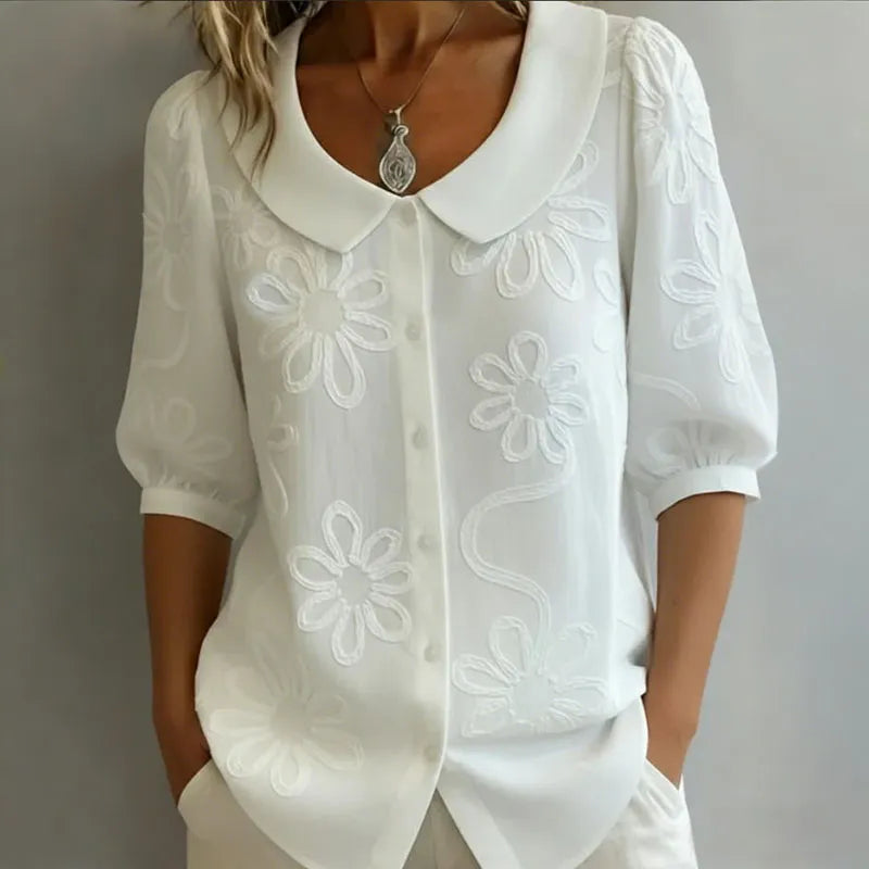 Camisa Vintage Holgada Con Bordado Floral - Manga Media