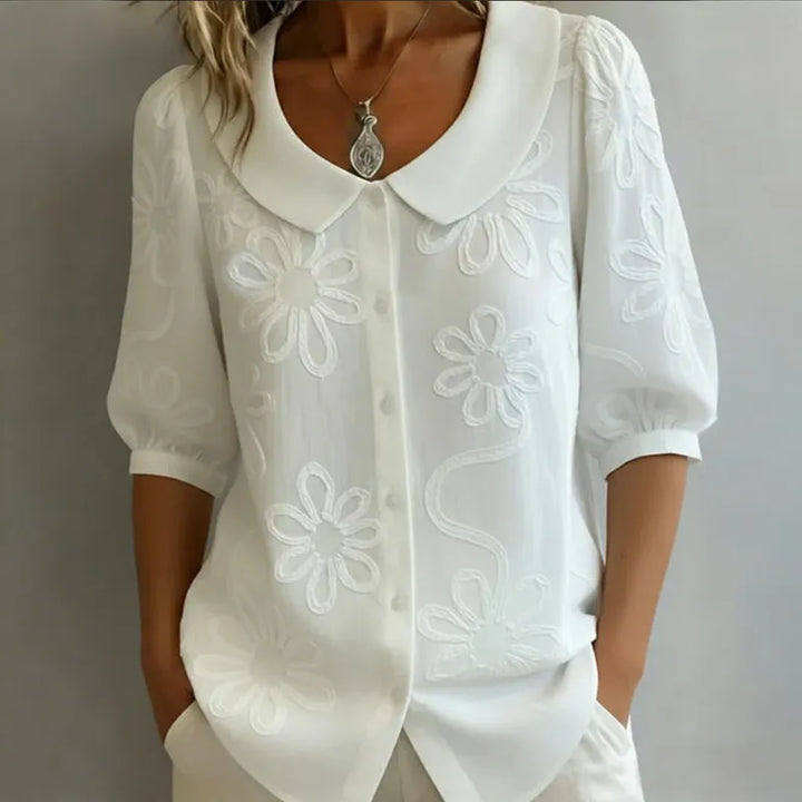 Camisa Vintage Holgada Con Bordado Floral - Manga Media