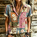 Camisa boho hippie retro con bordado floral patchwork manga corta