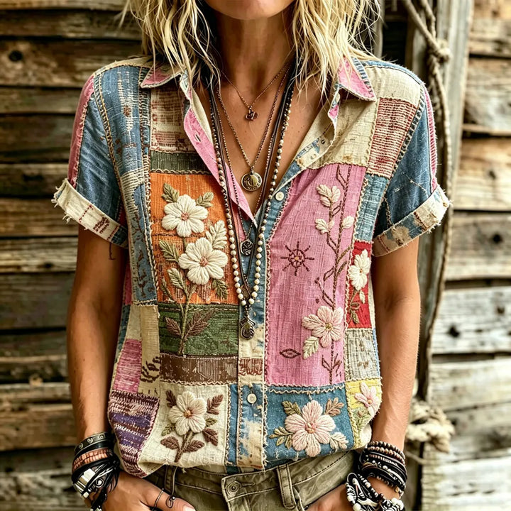 Camisa Boho Hippie Retro Com Bordado Floral Patchwork Manga Curta