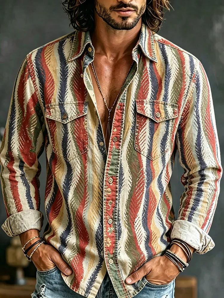 Camisa Hombre Hippie Retro Lino - Estampado Étnico Desgastado Manga Larga