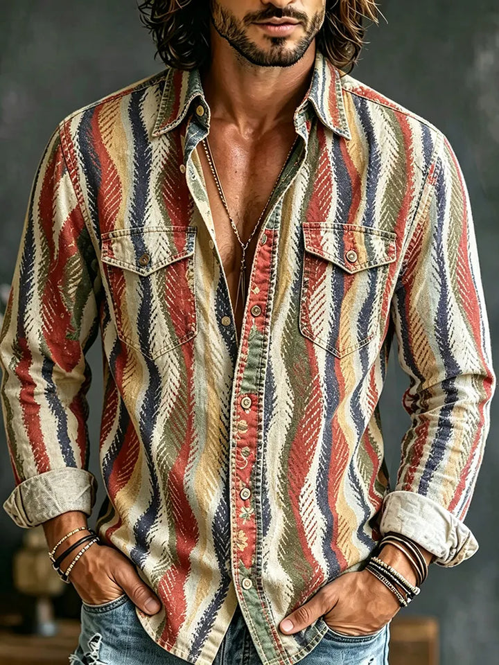 Camisa Hombre Hippie Retro Lino - Estampado Étnico Desgastado Manga Larga