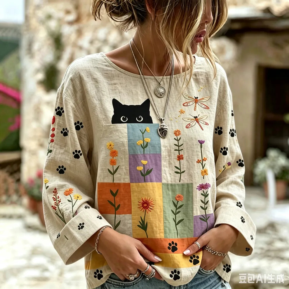 Camiseta Lino Vintage Hippie Con Bordado De Gato Patchwork - Cuello Redondo Manga Larga