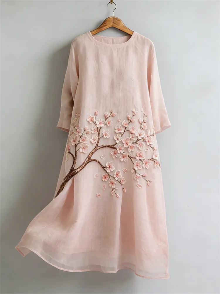 Vestido Maxi De Linho Fluido Com Estampado Japonês De Flor De Cerejeira