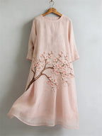 VESTIDO MAXI DE LINO FLUIDO CON ESTAMPADO JAPONÉS DE FLOR DE CEREZO