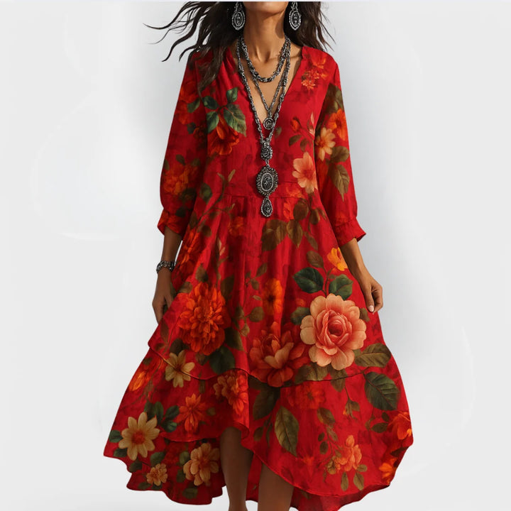 VESTIDO FLORAL BOHEMIO MUJER ESCOTE EN V Y MANGAS LARGAS