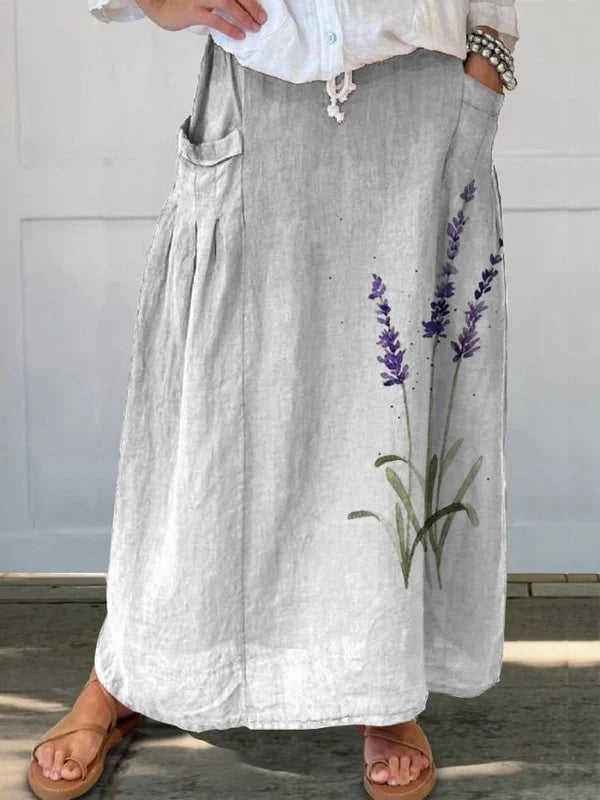 Falda Maxi Estampada Para Mujer Con Forma Plisada Y Bolsillos