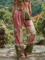 PANTALONES CASUALES CON PATCHWORK DE ROSAS FLORALES, CINTURA ELÁSTICA Y BOLSILLOS PARA MUJER