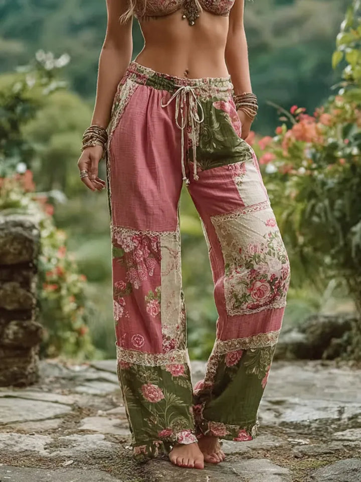 Calças Casuais Femininas com Patchwork de Rosas Florais, Cintura Elástica e Bolsos
