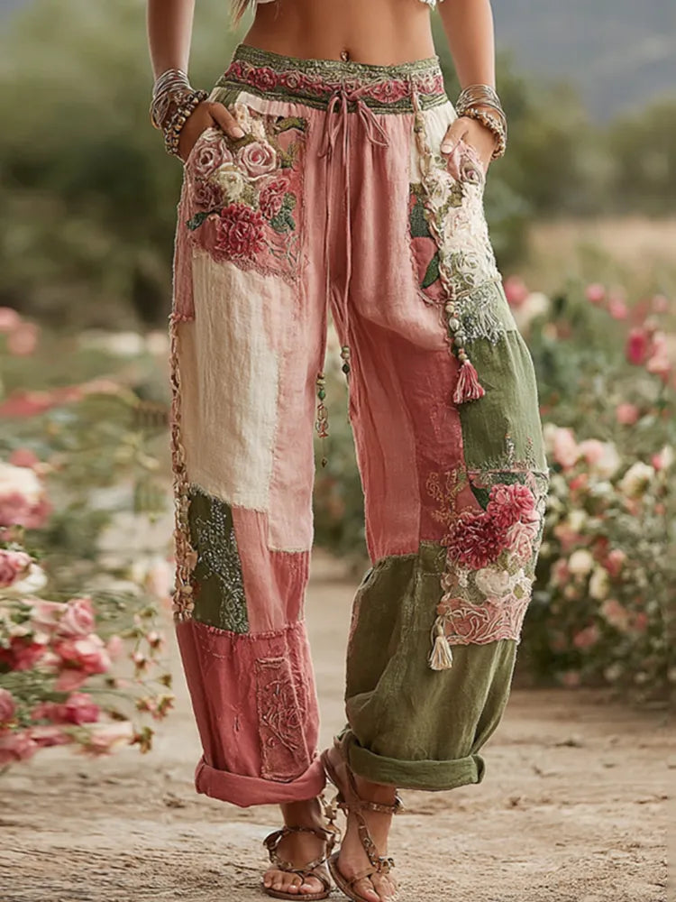 Calças De Linho Retro Com Patchwork De Rosas E Flores Coleção Love & Health