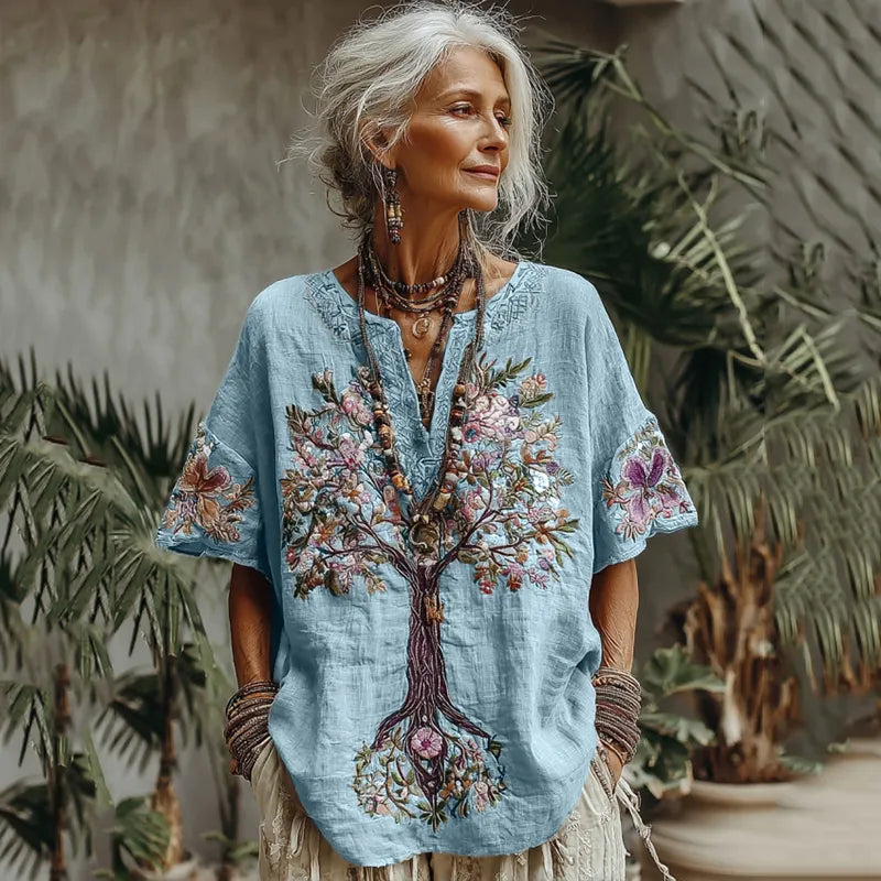 Camisa cómoda con estampado floral árbol de la vida para mujer