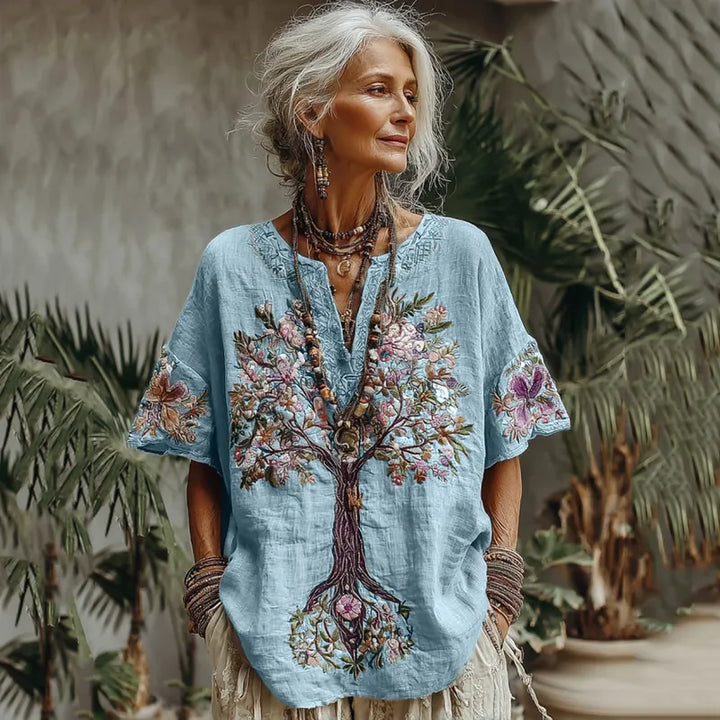 T-shirt Confortável Estampado Floral Árvore da Vida para Mulher