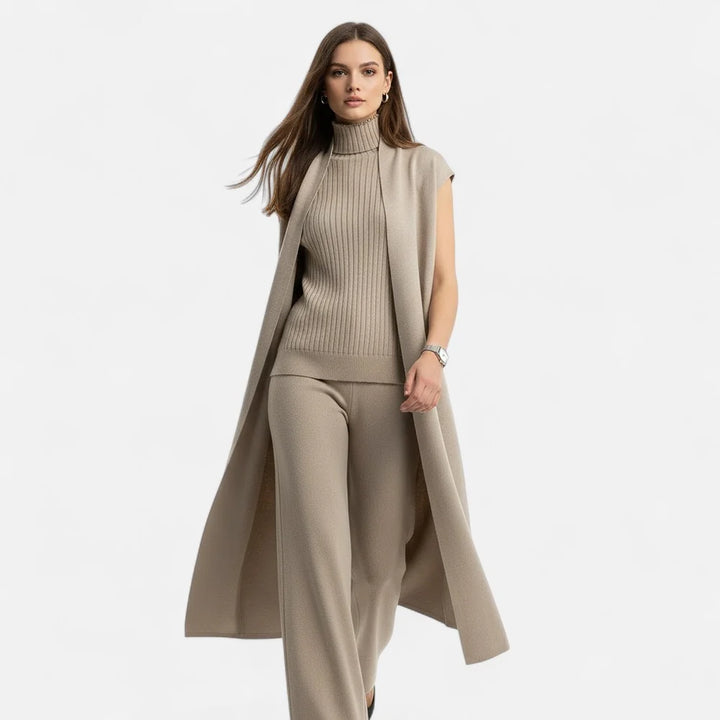 Eva | Three-Piece Knit Set: Vest, Cardigan, and Pants