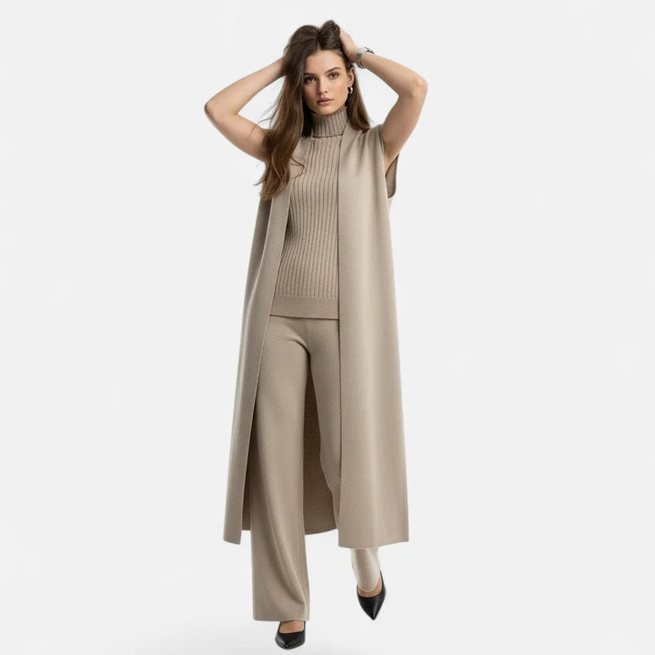 Eva | Three-Piece Knit Set: Vest, Cardigan, and Pants