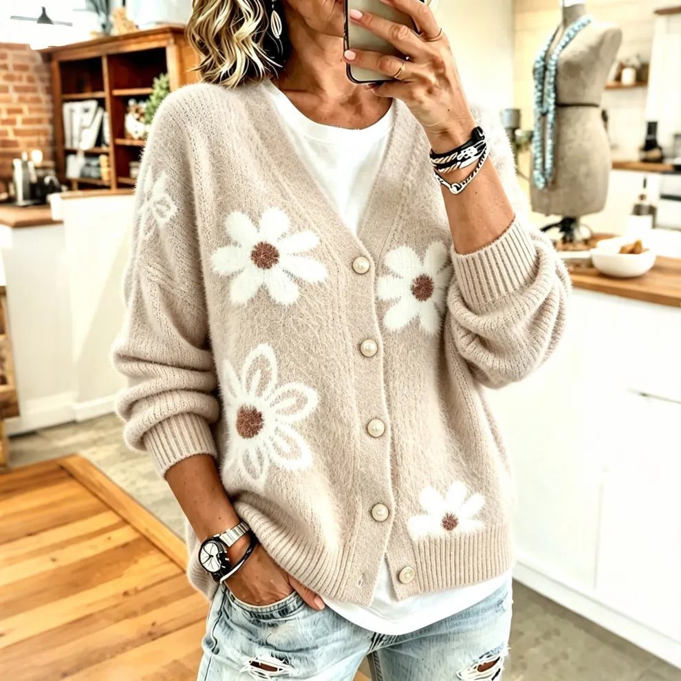 Cárdigan De Punto Esponjoso Jacquard De Margaritas Retro