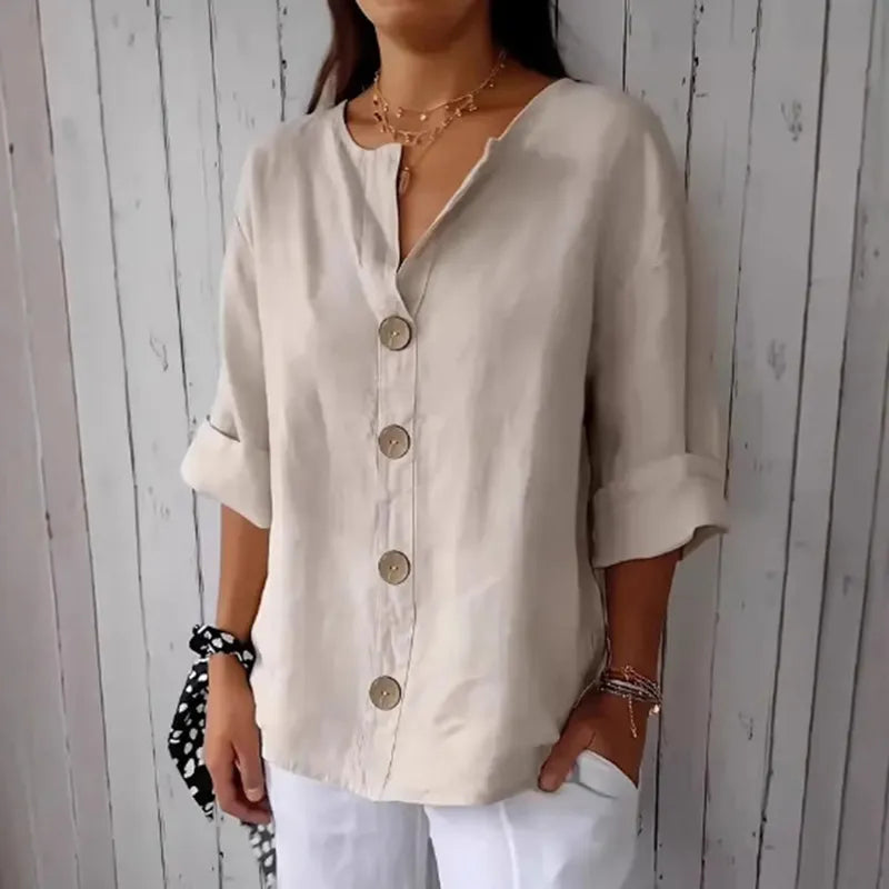 Camisa casual de mezcla de lino con botones en color liso