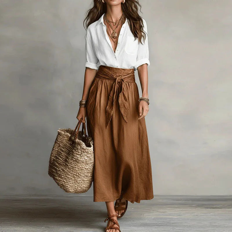 High-Waisted Flared Maxi Skirt Set with Tie Detail