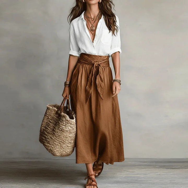 High-Waisted Flared Maxi Skirt Set with Tie Detail