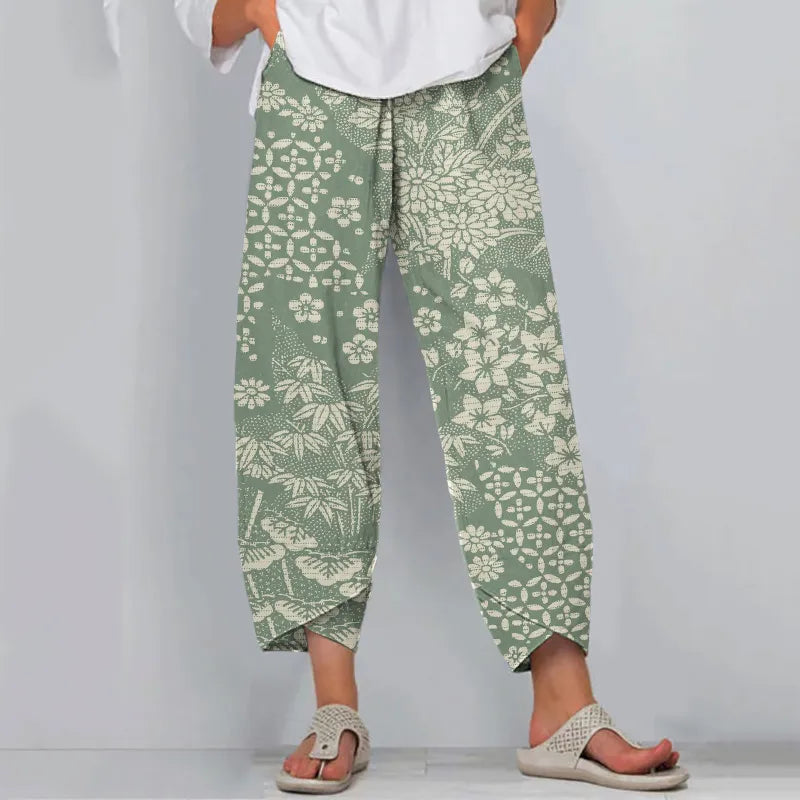 Pantalones Casuales Con Estampado Floral De Arte Japonés Vintage