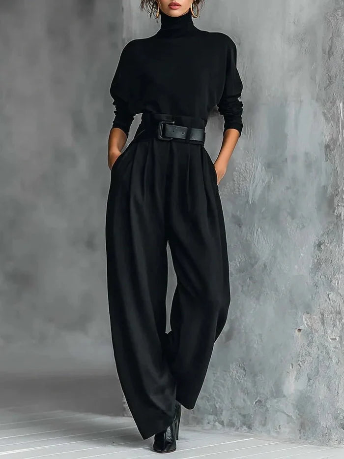 CONJUNTO FEMENINO JERSEY CUELLO ALTO CON CINTURON Y PANTALON - CONJUNTO COORDINADO DE ALGODON PARA OFICINA Y NOCHE DE OTONO