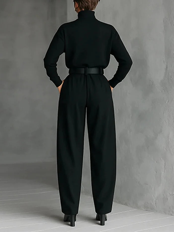 CONJUNTO FEMENINO JERSEY CUELLO ALTO CON CINTURON Y PANTALON - CONJUNTO COORDINADO DE ALGODON PARA OFICINA Y NOCHE DE OTONO