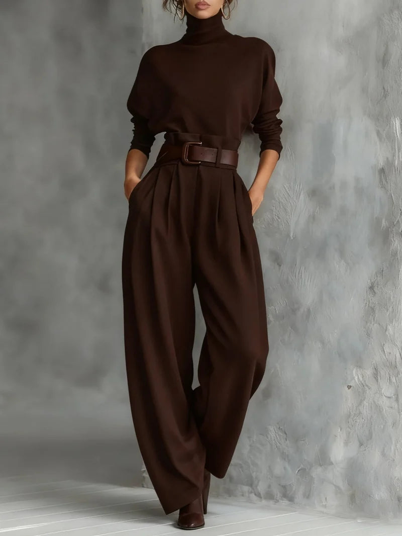 CONJUNTO FEMENINO JERSEY CUELLO ALTO CON CINTURON Y PANTALON - CONJUNTO COORDINADO DE ALGODON PARA OFICINA Y NOCHE DE OTONO