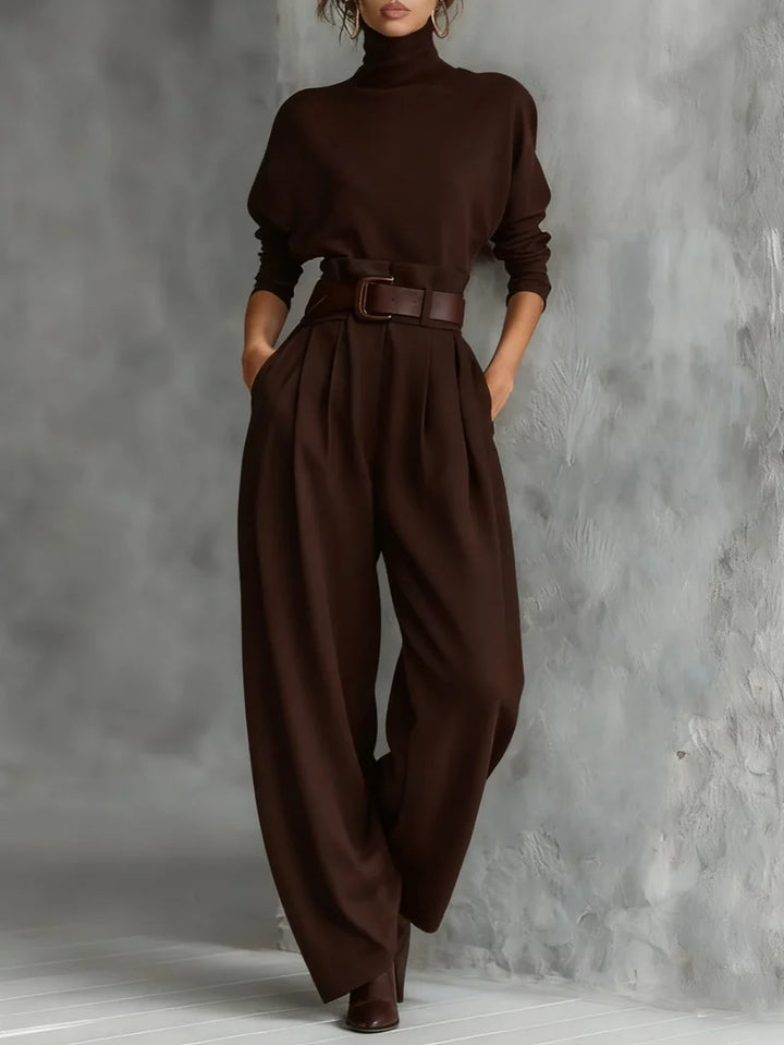 CONJUNTO FEMENINO JERSEY CUELLO ALTO CON CINTURON Y PANTALON - CONJUNTO COORDINADO DE ALGODON PARA OFICINA Y NOCHE DE OTONO