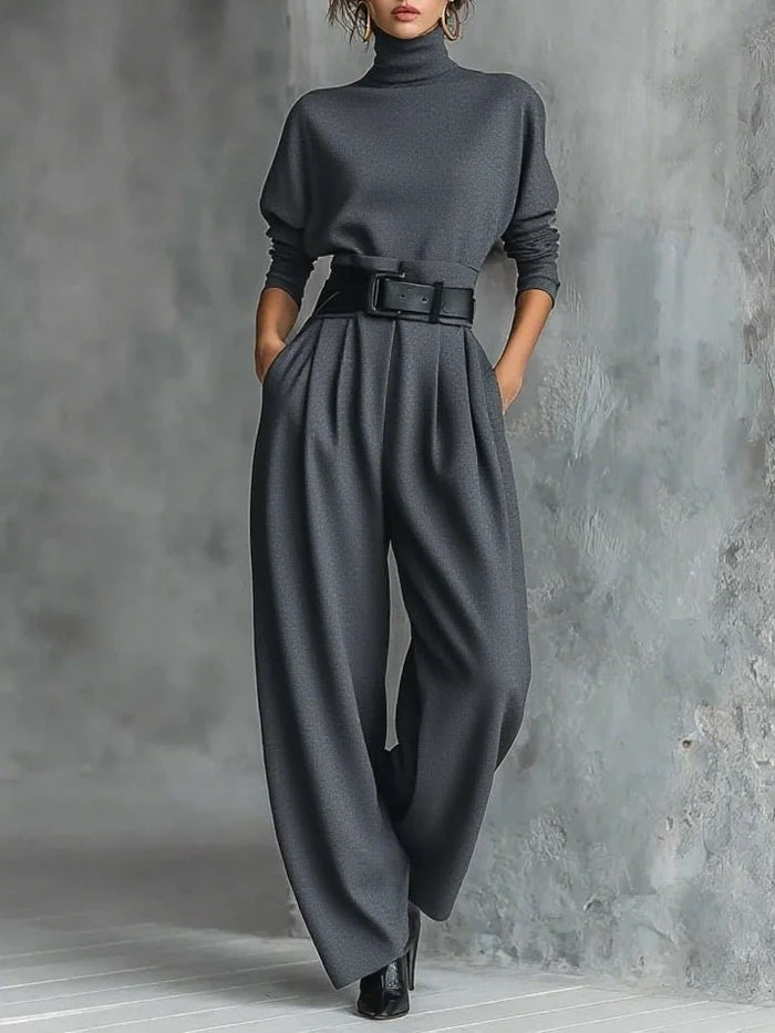 CONJUNTO FEMENINO JERSEY CUELLO ALTO CON CINTURON Y PANTALON - CONJUNTO COORDINADO DE ALGODON PARA OFICINA Y NOCHE DE OTONO