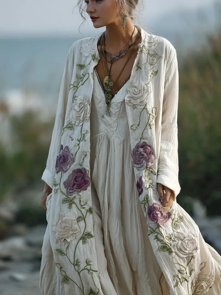 Cárdigan Largo Boho De Algodón Y Lino Con Bordado Floral