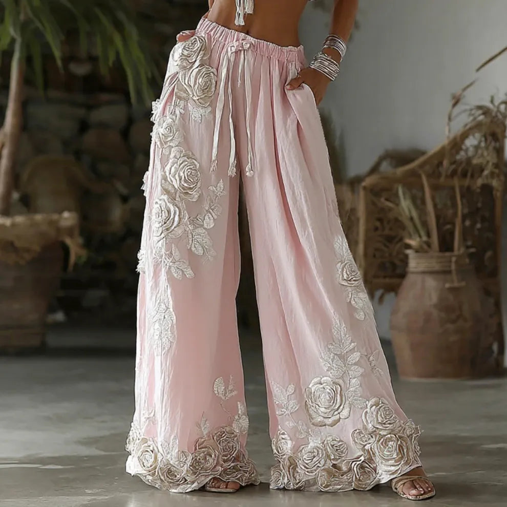 PANTALONES CASUALES DE LINO RETRO CON BORDADO FLORAL PARA MUJER
