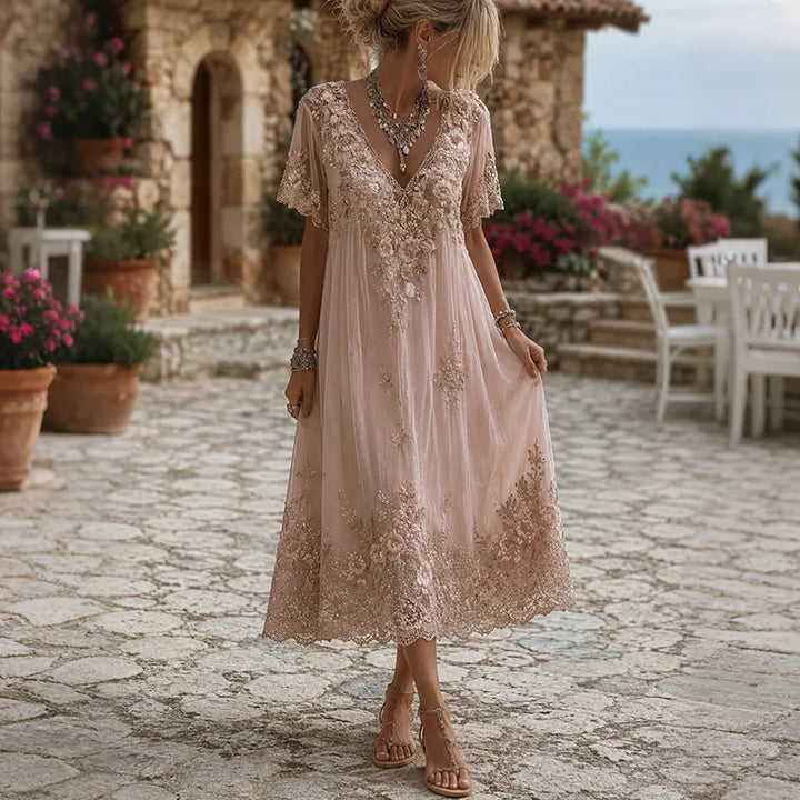 Vestido Midi De Lino Con Bordado Floral Artístico Y Escote En V - Manga Corta