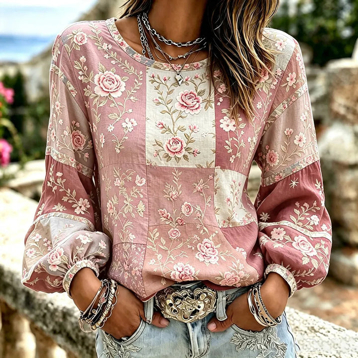 Top Lino Vintage Patchwork Floral Rosa - Cuello Redondo Manga Larga