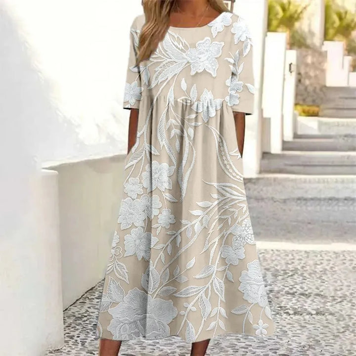 Vestido Retro com Estampado Floral de Manga Curta