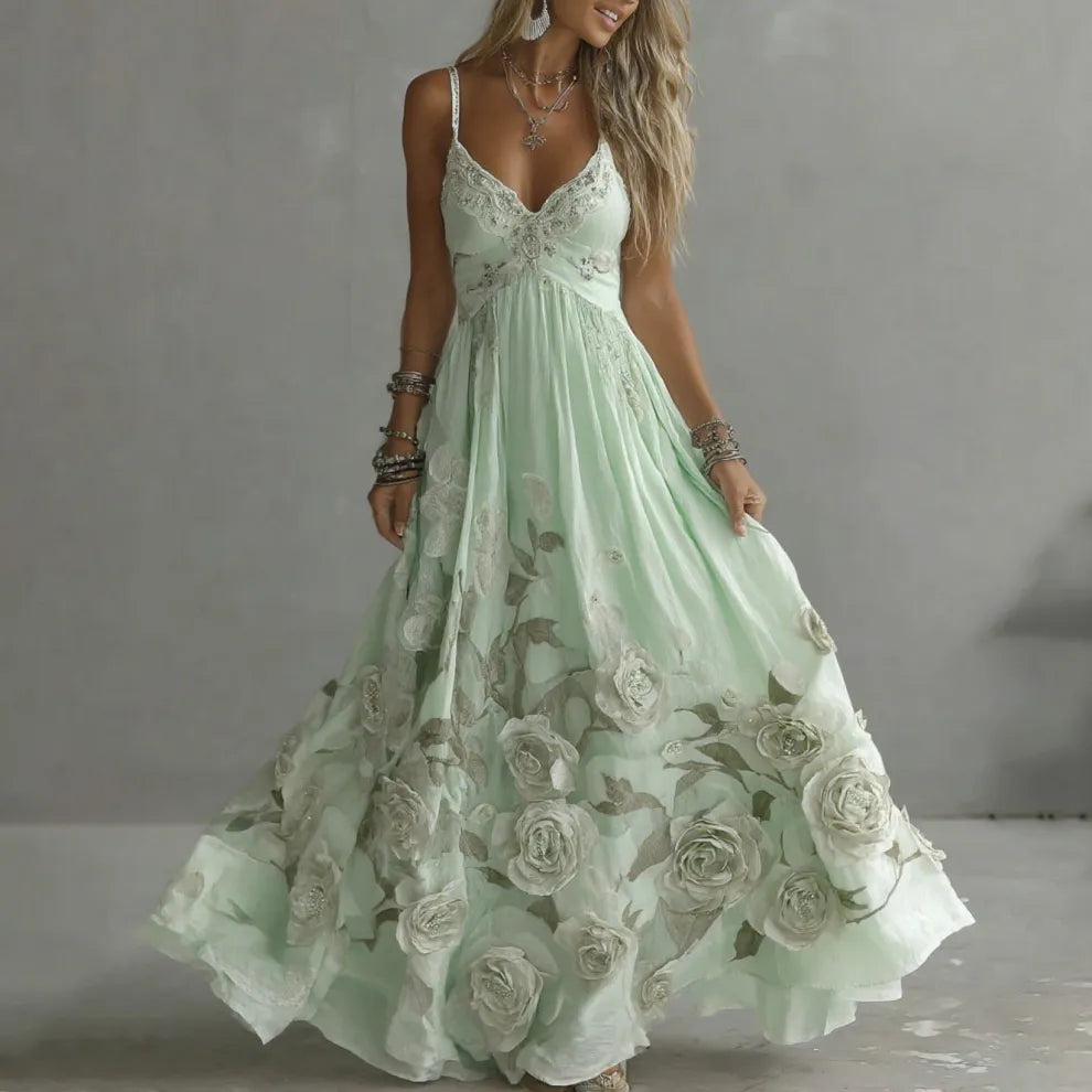 Vestido maxi con tirantes y bordado artístico de rosa vintage para mujer
