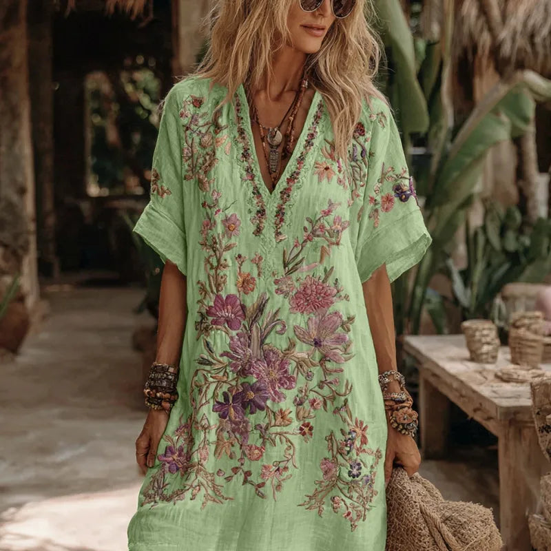 Vestido Midi Cómodo Con Cuello En V Y Bordado Floral Para Mujer