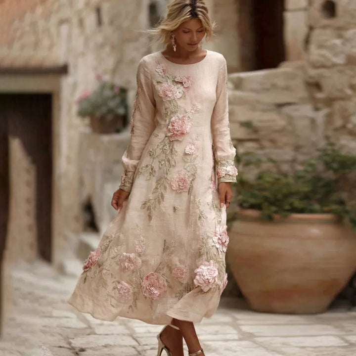Vestido Largo De Mezcla De Lino Con Bordado De Flores Rosas Y Cuello Redondo