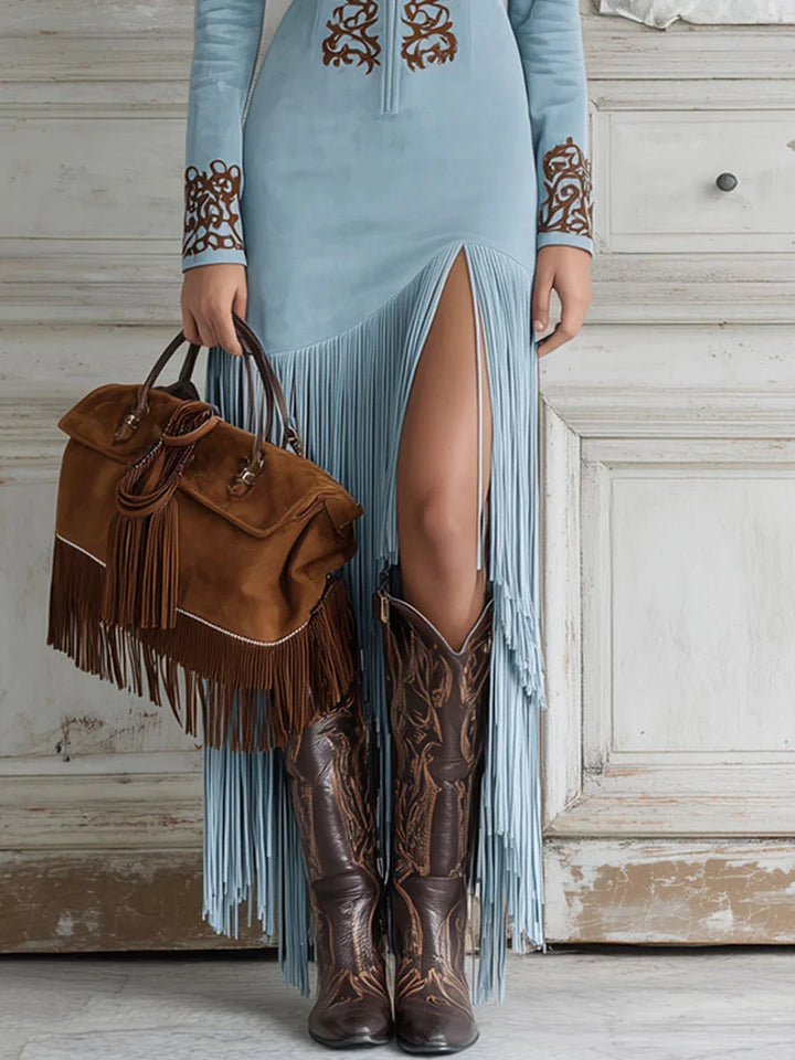 Ophelio | Maxi Vestido Western Com Franjas De Pelo Sintético