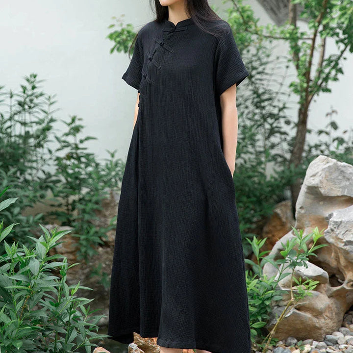 Vestido Maxi De Mujer Con Cuello Alto Y Mangas Cortas Con Botones