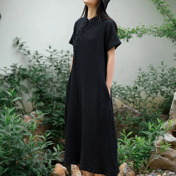 Vestido Maxi De Mujer Con Cuello Alto Y Mangas Cortas Con Botones