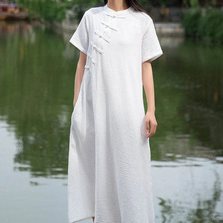 Vestido Maxi De Mujer Con Cuello Alto Y Mangas Cortas Con Botones
