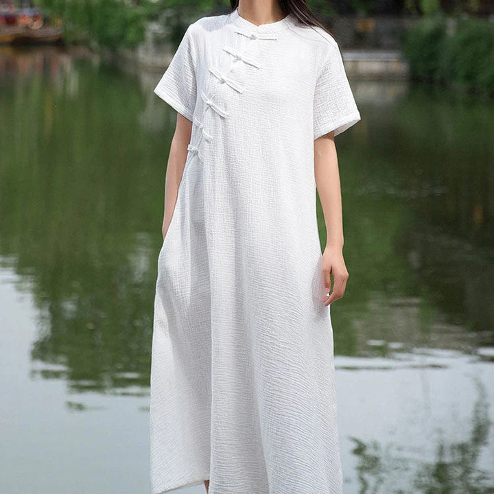 Vestido Maxi De Mujer Con Cuello Alto Y Mangas Cortas Con Botones