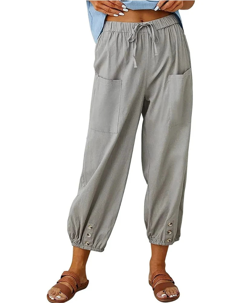 Chloé | Pantalones 7/8 Efecto Lino Para Mujer – Pantalones Anchos Con Detalle De Botones Y Encaje