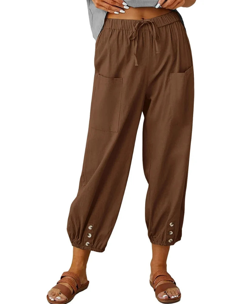 Chloé | Pantalones 7/8 Efecto Lino Para Mujer – Pantalones Anchos Con Detalle De Botones Y Encaje