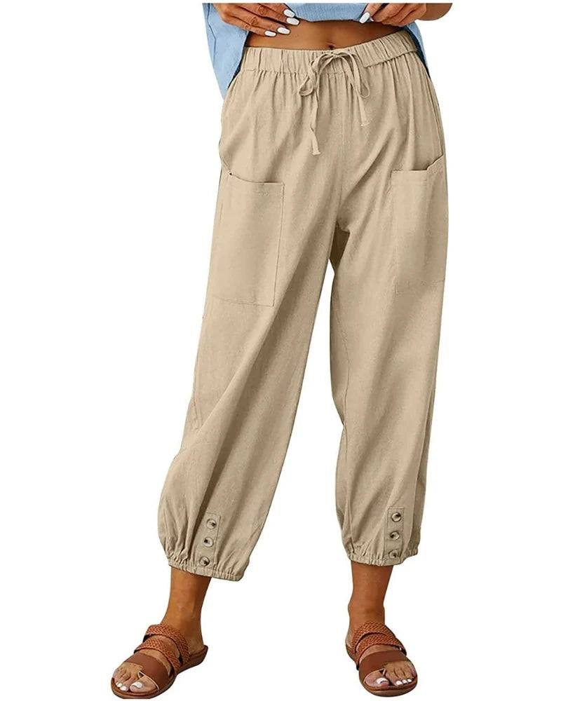 Chloé | Pantalones 7/8 Efecto Lino Para Mujer – Pantalones Anchos Con Detalle De Botones Y Encaje