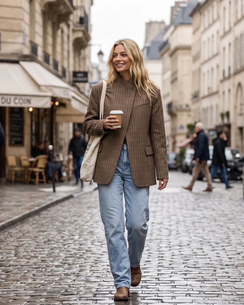 Riley | Plaid Oversized Blazer with High Collar and Asymmetrical Elegant Closure
