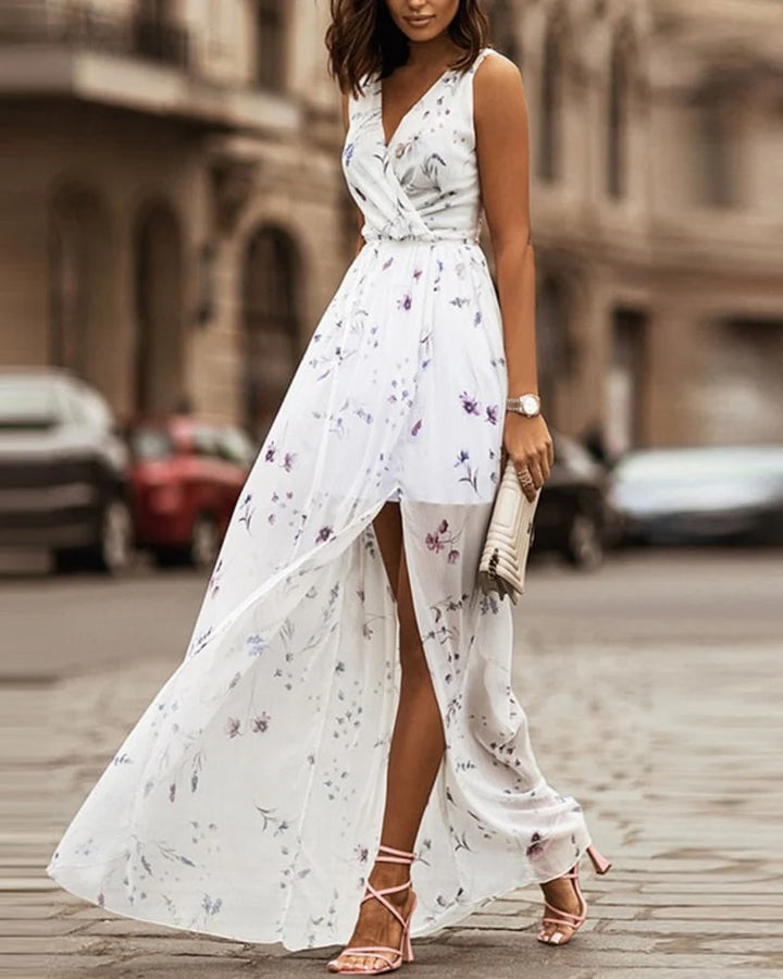 Women's Georgia Maxi Dress - Floral V-Neck Sleeveless Dress with Elegant Slit and Flowy Cut