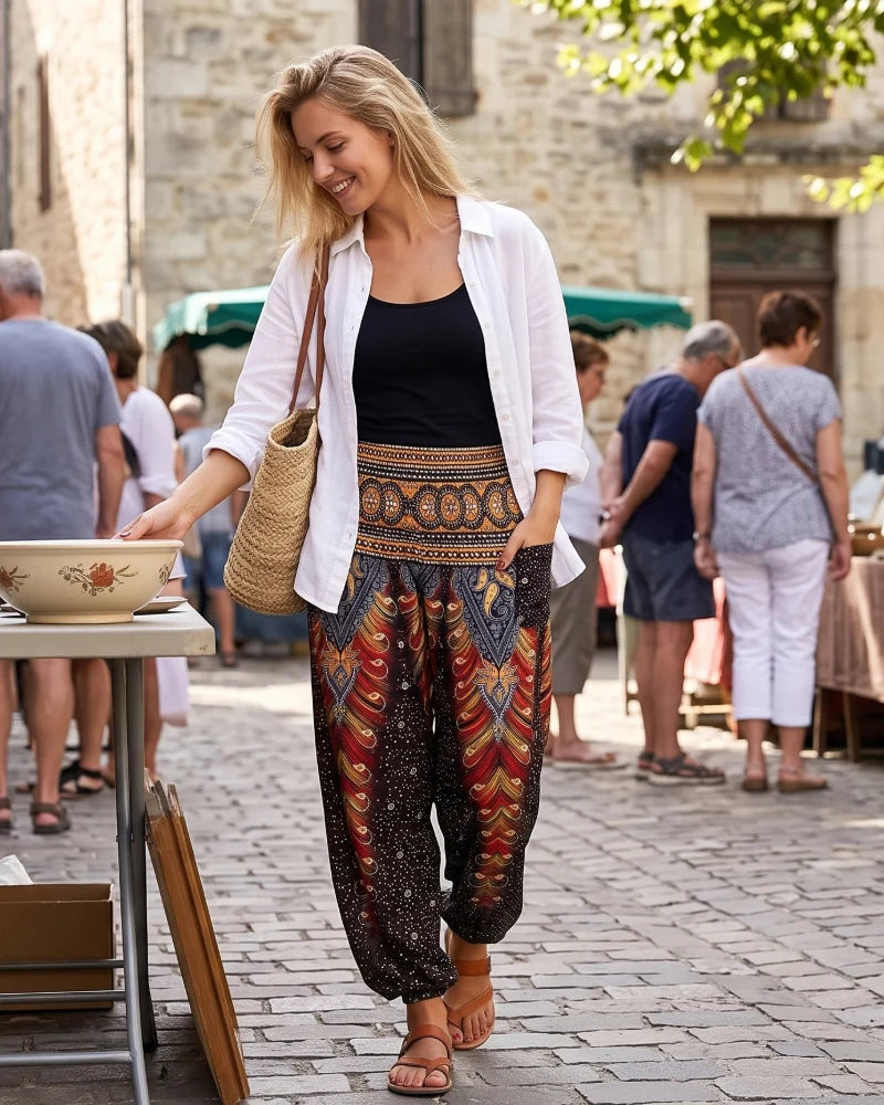 Maya | Pantalones Harem Femeninos Bohemios – Pantalones Aladino Con Cintura Fruncida Y Bolsillos