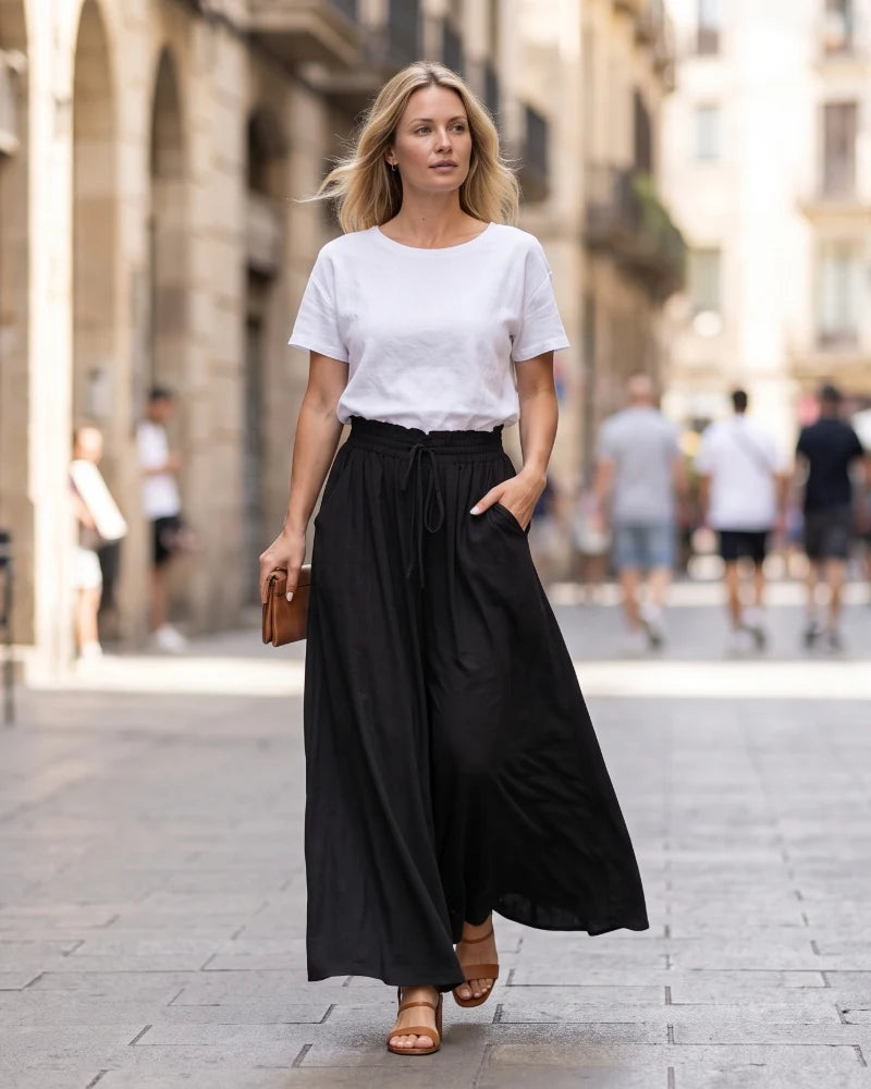 Claire | Pantalones Casuales De Cintura Alta En Viscosa Con Bolsillos